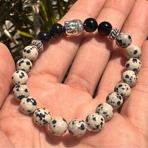 Dalmatian Jasper Black Onyx 8mm Beaded Buddha Head 7" Stretch Bracelet